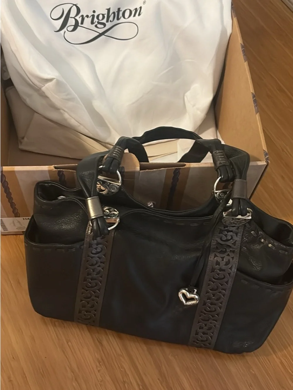Brighton Black and Dark Brown Leather Shoulder Bag with Heart Charm